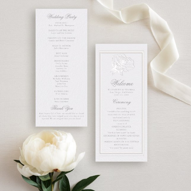 Programa de matrimonio formal moderno y formal de  (peony wedding program formal modern classic traditional calligraphy double frame faux embossed ivory)