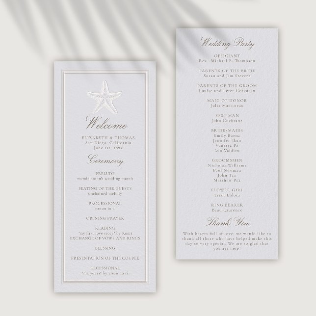 Programa de matrimonio formal Starfish Coastal Cla (coastal wedding program ceremony schedule modern classic formal traditional frame faux embossed star)
