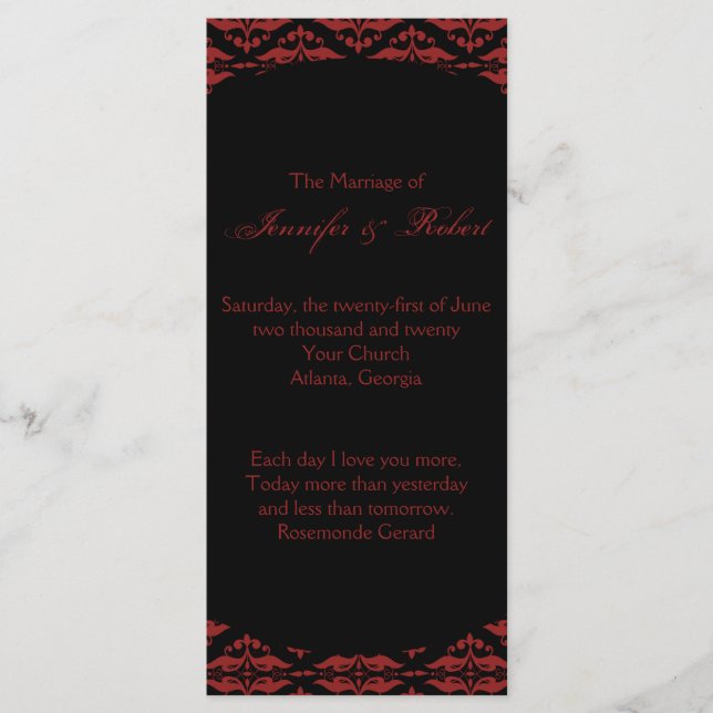 Programa de matrimonio gótico Red and Black Damask (Anverso)