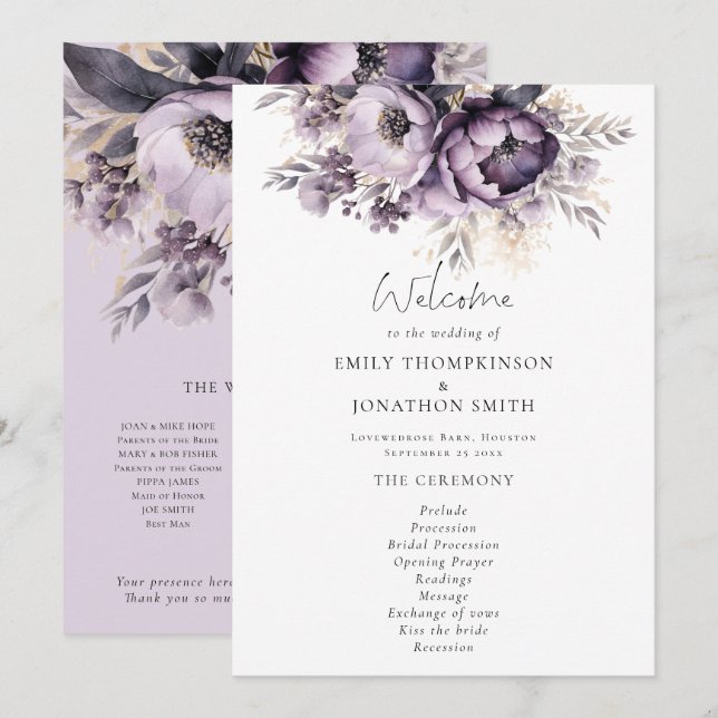 Programa de matrimonio Lilac Purple Florals (Anverso / Reverso)