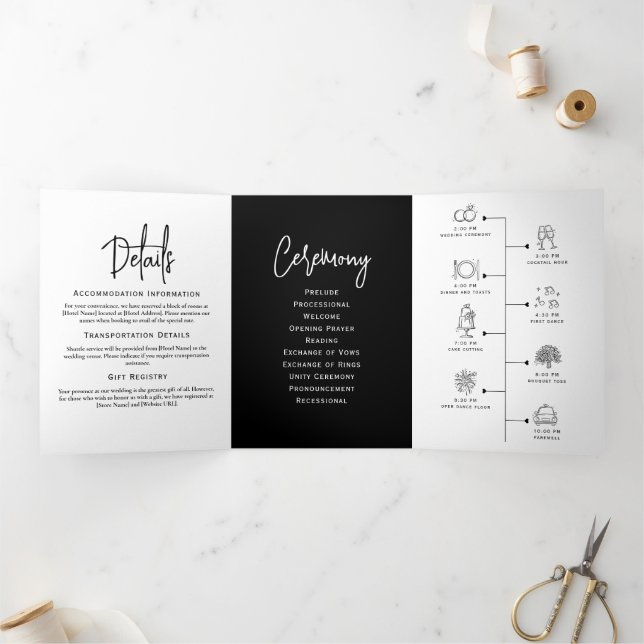 Programa de matrimonio mínimo Elegante blanco y ne (Interior)