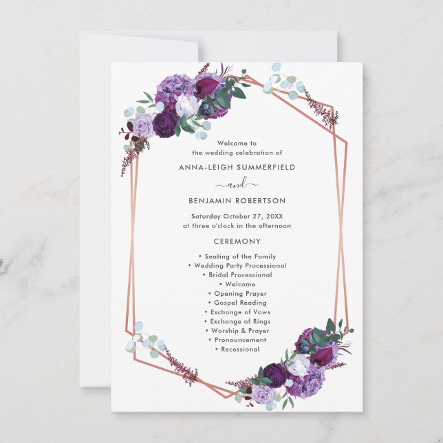 Programa de matrimonio moderno con flores moradas (Anverso)