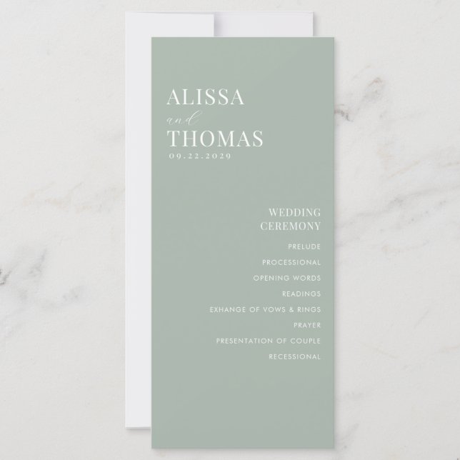 Programa de matrimonio moderno verde sage minimali (Anverso)