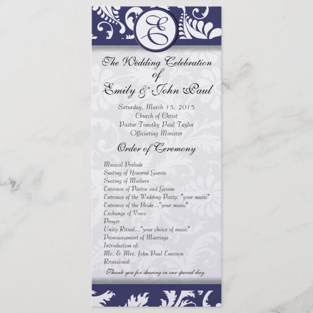 Programa de matrimonio Navy Damask Swirls (Anverso)