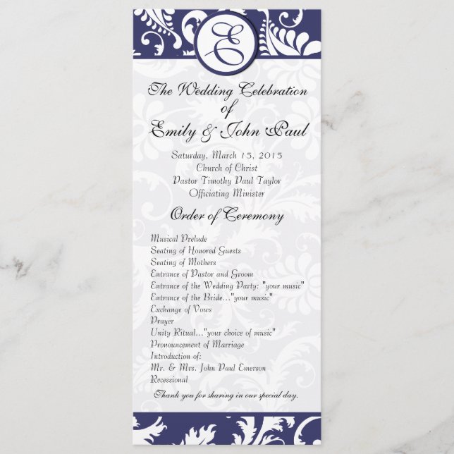 Programa de matrimonio Navy Damask Swirls (Anverso)