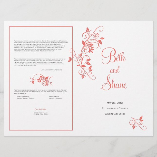 Programa de matrimonio personalizado - Coral (Anverso)