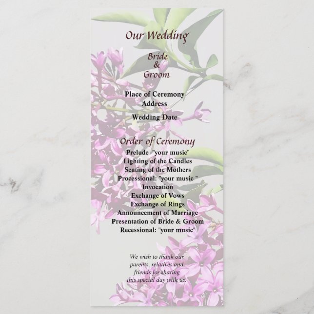 Programa de matrimonio Pin Lilacs and Leaves (Anverso)
