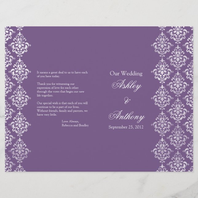 Programa de matrimonio plegable morado y blanco de (Anverso)