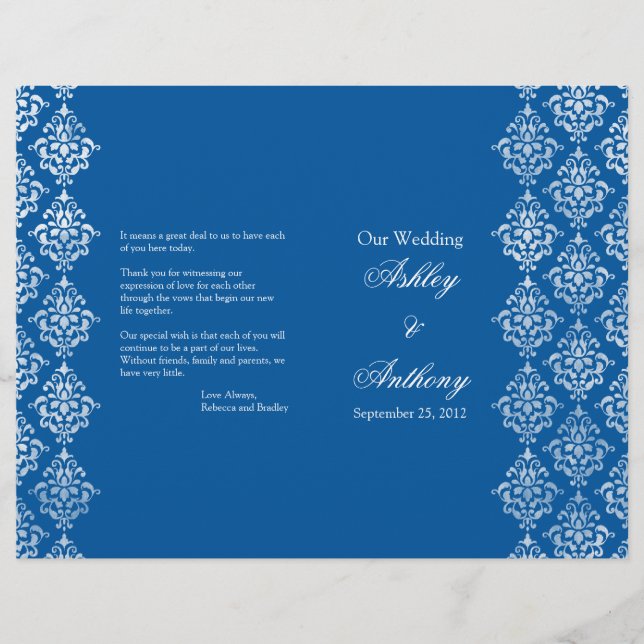 Programa de matrimonio plegable Royal Blue Damask (Anverso)