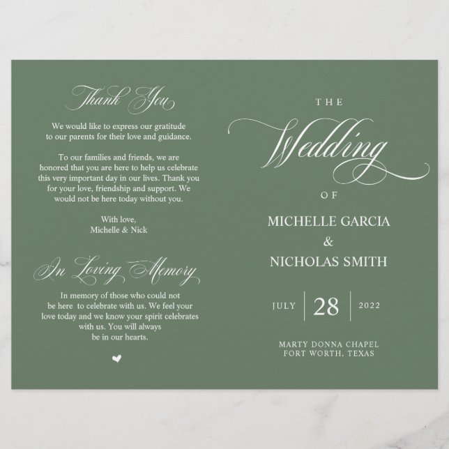 Programa de matrimonio plegable y verde de sabio f (Anverso)