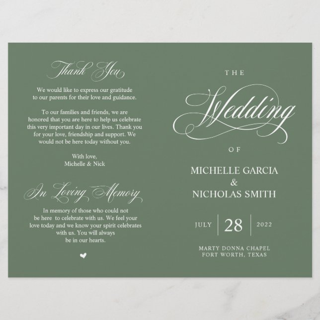 Programa de matrimonio plegable y verde de sabio f (Anverso)