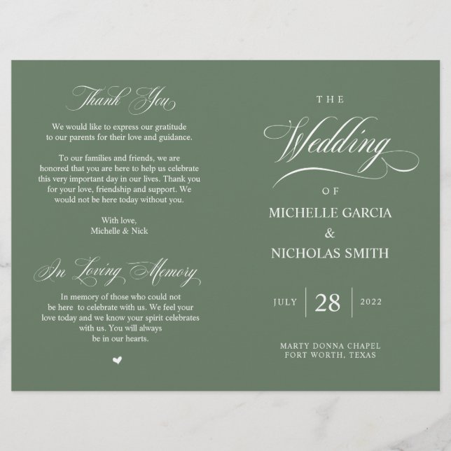 Programa de matrimonio plegable y verde de sabio f (Anverso)