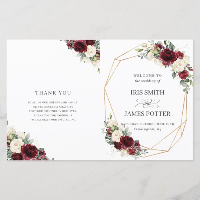 Programa de matrimonio plegado con flores de marfi (Anverso)
