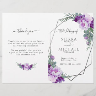 Programa de matrimonio plegado con flores púrpura