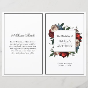Programa de matrimonio plegado con marco floral de