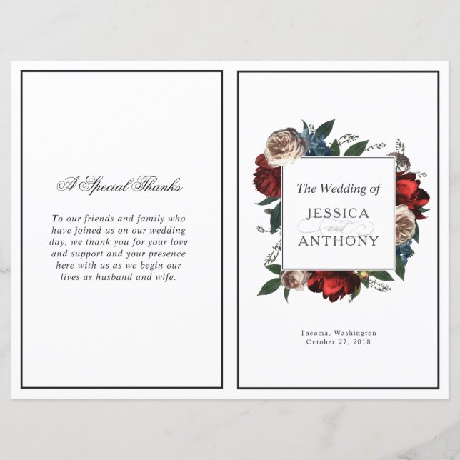 Programa de matrimonio plegado con marco floral de (Anverso)