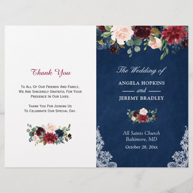 Programa de matrimonio plegado floral Rubor azul m (Anverso)