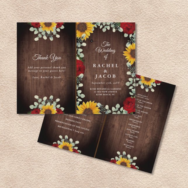Programa de matrimonio plegado y rústico con giras (Rustic Sunflowers Red Roses and Eucalyptus Greenery on Dark Wood Folded Wedding Program)
