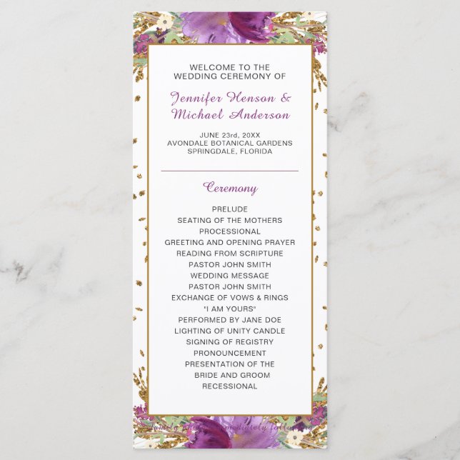 Programa de matrimonio por cuadros Purpurina de or (Anverso)