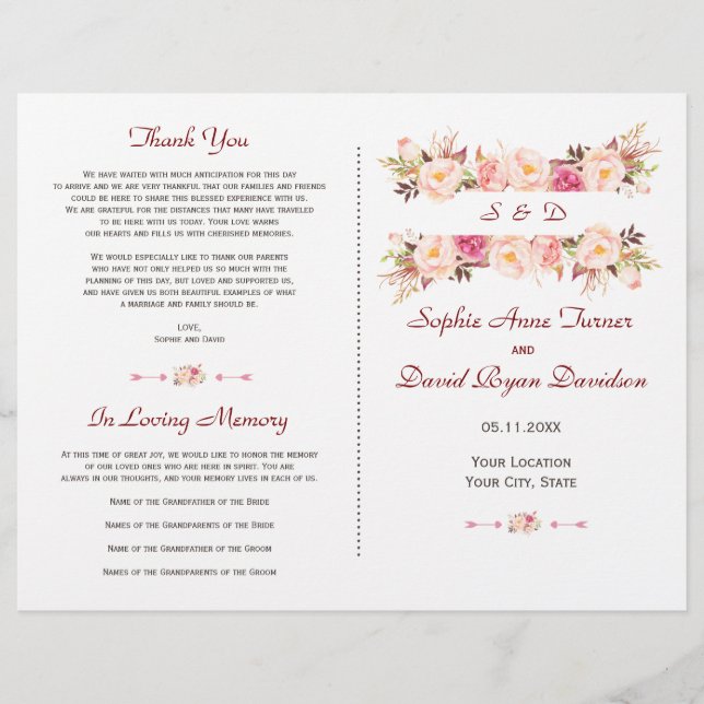 Programa de matrimonio por trama de flores rustica (Anverso)