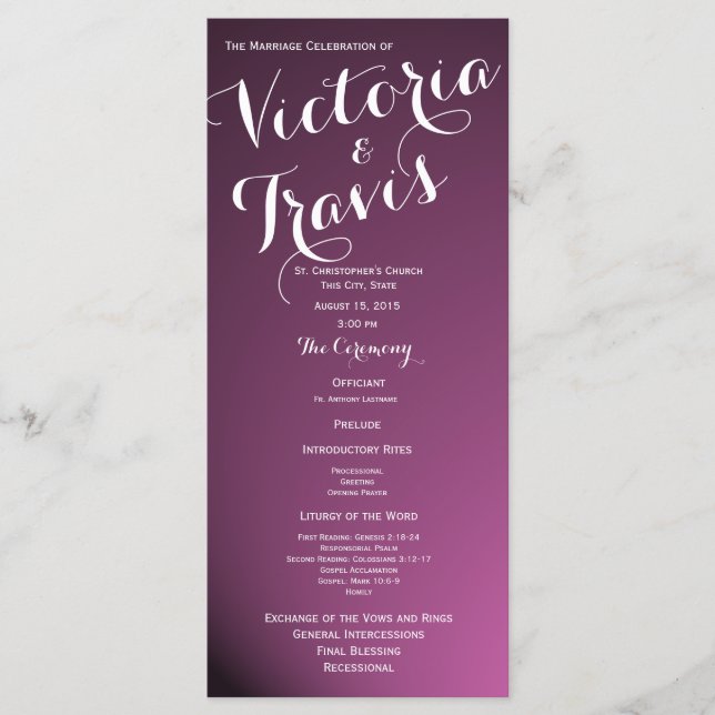 Programa de matrimonio púrpura de texto de diseñad (Anverso)