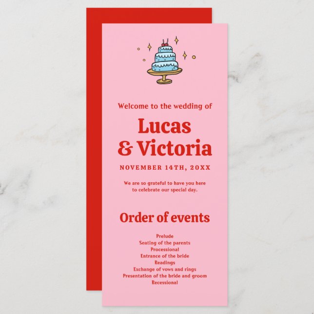 Programa de matrimonio rojo y rosado dibujado a ma (Anverso / Reverso)