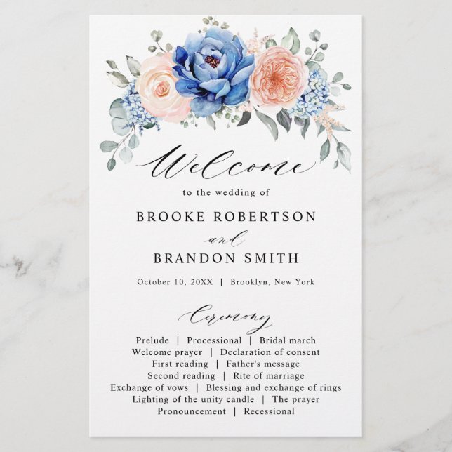 Programa de matrimonio rosado Rubor con pizarra az (Anverso)