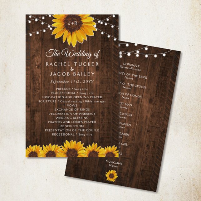 Programa de matrimonio Rustic Sunflower String Lig (Rustic sunflowers and string lights on wood wedding program)
