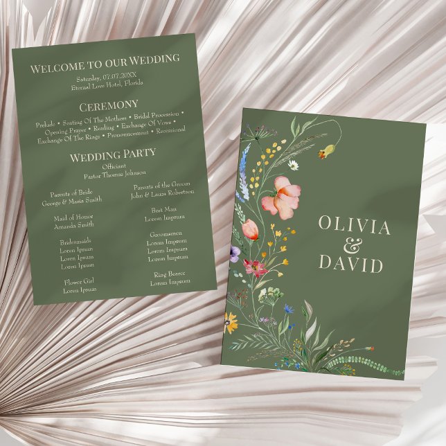 Programa de matrimonio Sage Green Wildflower Meado (Sage Green Wildflower Meadow Wedding Program on a sunny neutral dry palm leaf.)