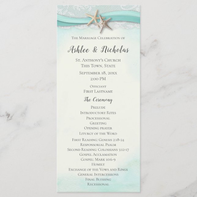 Programa de matrimonio Starfish and Lace Aqua (Anverso)