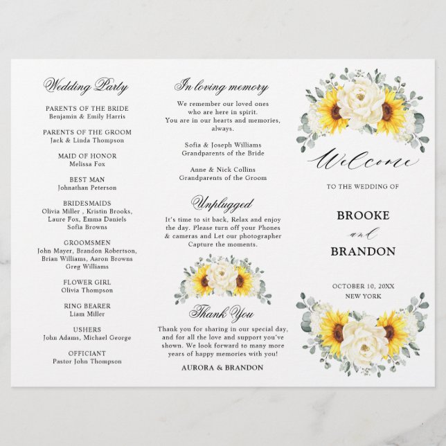 Programa de matrimonio Sunflower Ivory Peony Eucal (Anverso)