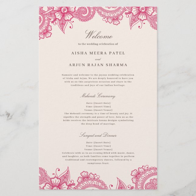 Programa de matrimonio tradicional indio Mod Mehan (Anverso)