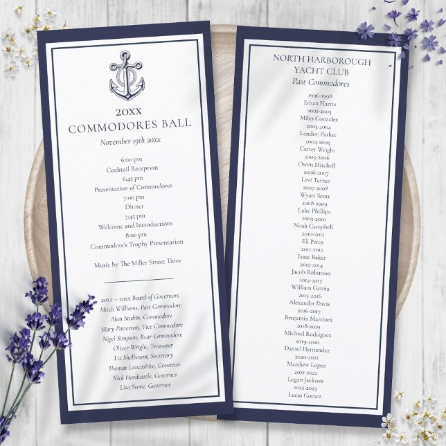 Programa de menú azul náutico del Yacht Club  (Yacht Club Nautical Navy Blue Menu Program)