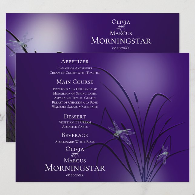 Programa de menú boda | Amethyst Purple Dragonfly (Anverso / Reverso)