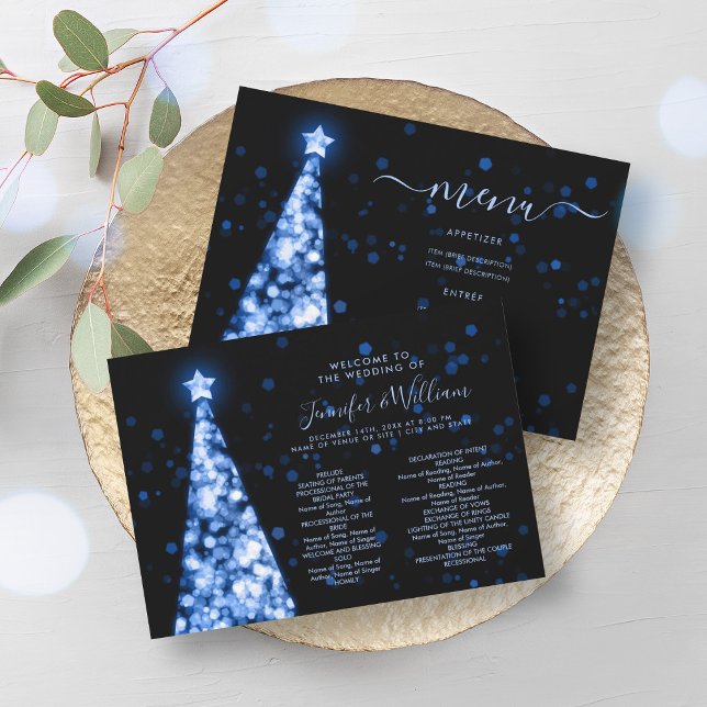 Programa de menú Boda azul de la Marina de Navidad (Festive Xmas Tree Navy Blue Wedding Menu Program)
