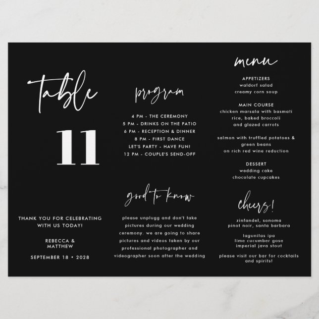 Programa de menú Boda negro moderno triple (Anverso)