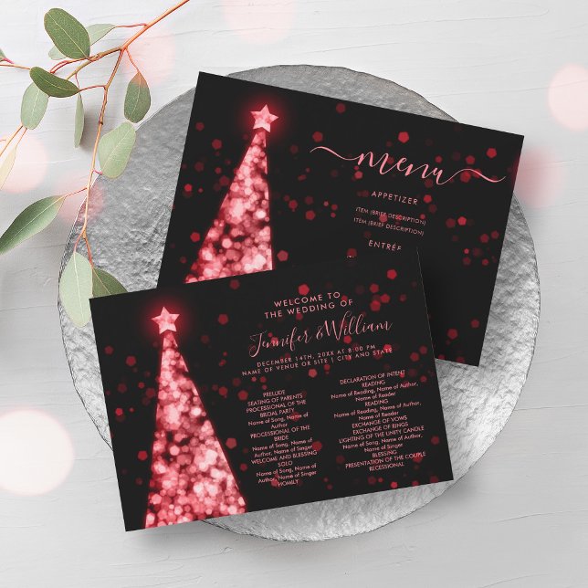 Programa de menú Boda rojo negro de árbol de navid (Festive Xmas Tree Red Black Wedding Menu Program)