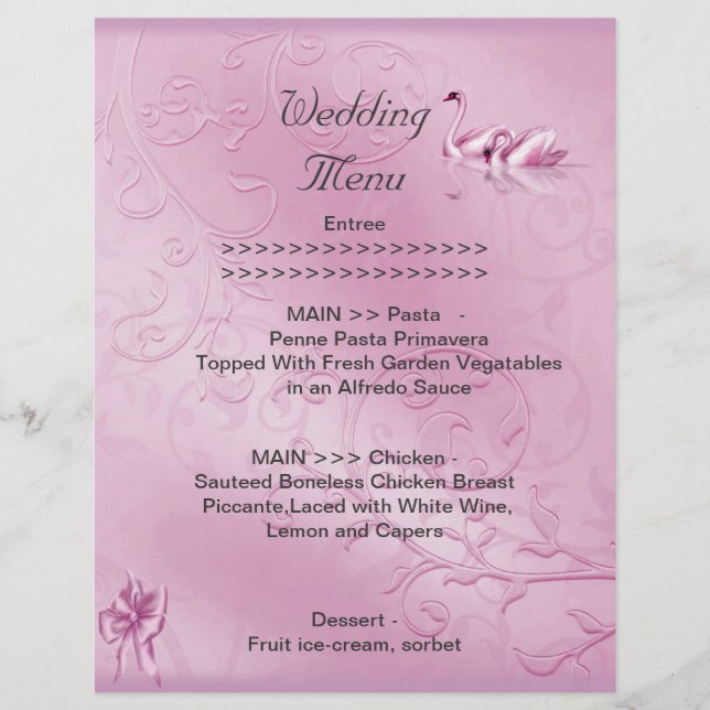 Programa de Menú de Boda Conjunto de Cisnes Rosado (Anverso)