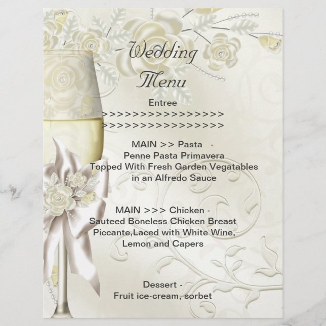 Programa de Menú de Boda Flores de Rosas Perla Cre (Anverso)