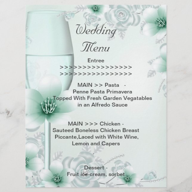 Programa de Menú de Boda Rosa Flor de Menta Verde (Anverso)