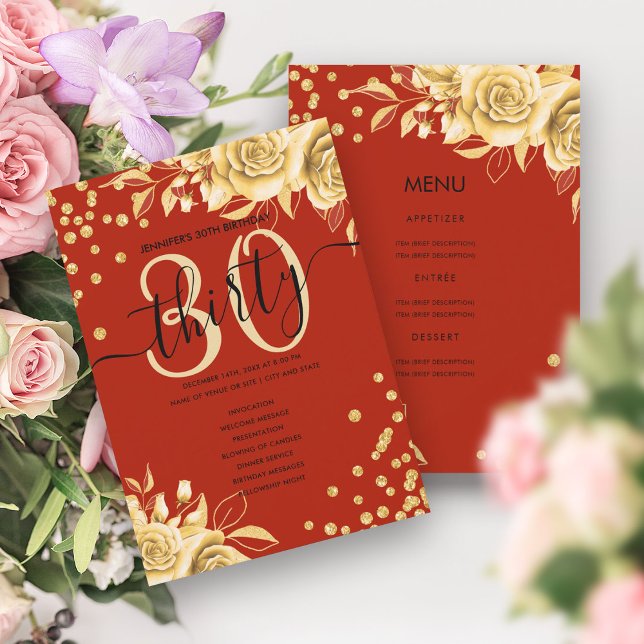 Programa de menú de cumpleaños 30 del Purpurina Go (Gold Red Floral Glitter 30th Birthday Menu Program)