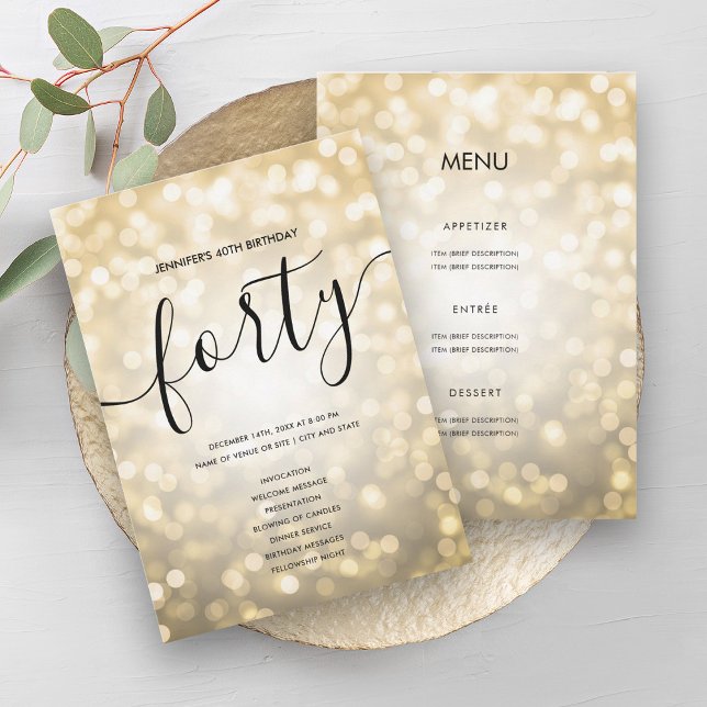 Programa de menú de cumpleaños 40 "Gold Purpurina  (Gold Glitter Lights 40th Birthday Menu Program)