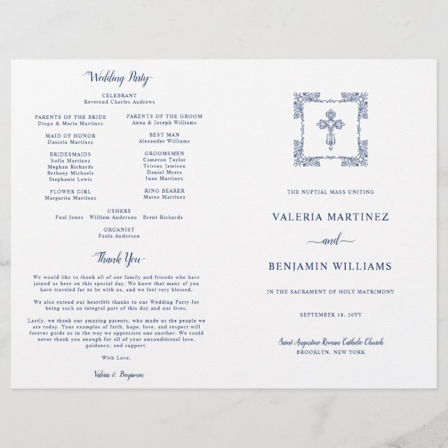 Programa de Misa de Boda Católica Azul Marinho Orn (Anverso)
