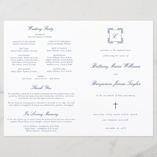 Programa de Misa de Boda Católica Azul Marino Orna (Anverso)
