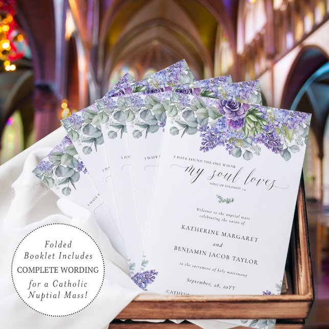 Programa de Misa de Boda Católica de Katherine Lav (Elegant folded Catholic wedding program for full nuptial mass with purple succulents and greenery)
