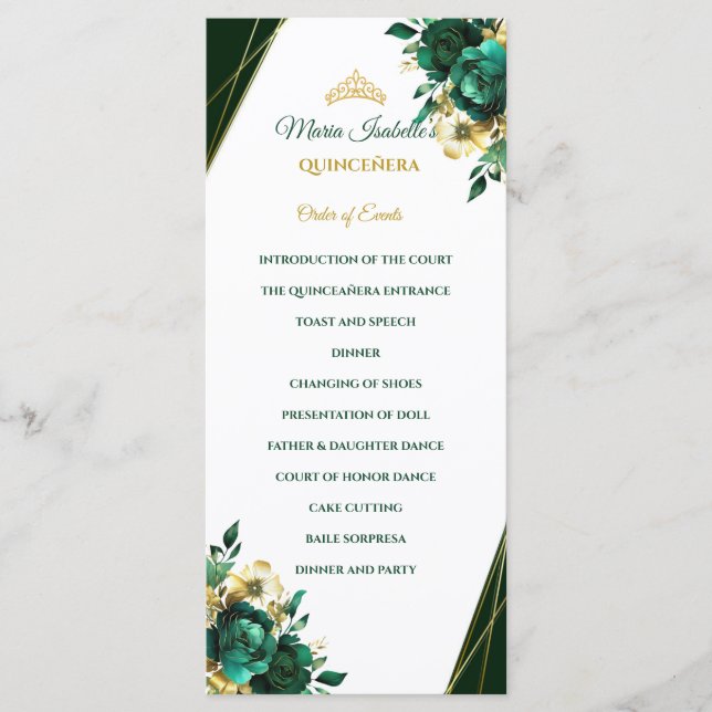 Programa de Orden de Eventos de Quinceañera Verde  (Anverso)