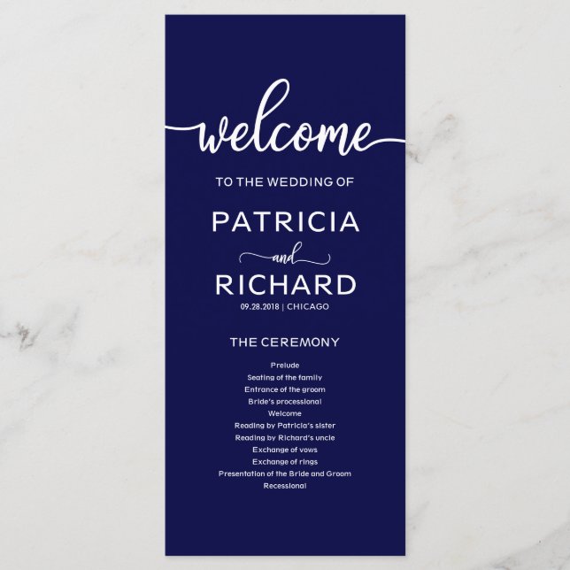 Programa de Orden de Servicio de Boda Azul Marino (Anverso)