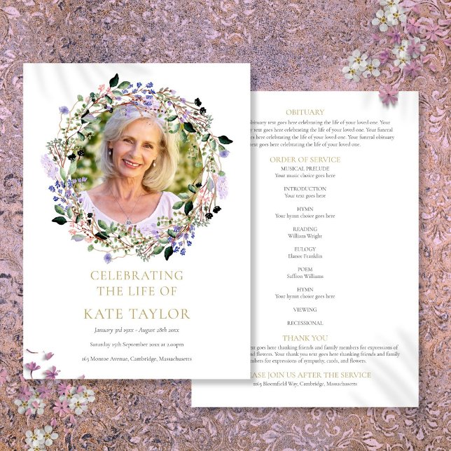 Programa de orden de servicio funeral de fotografí (Lavender Floral Photo Funeral Order Of Service Program)