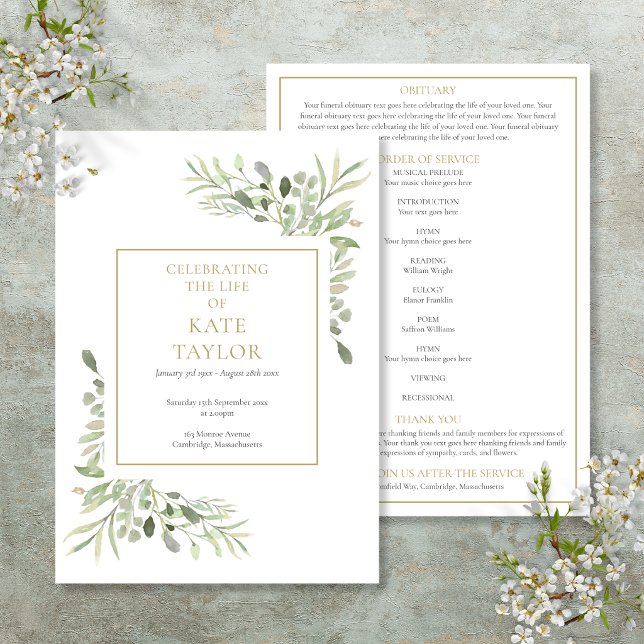 Programa de Orden de Servicio Funeral Floral Verde (Greenery Floral Funeral Order Of Service Program)