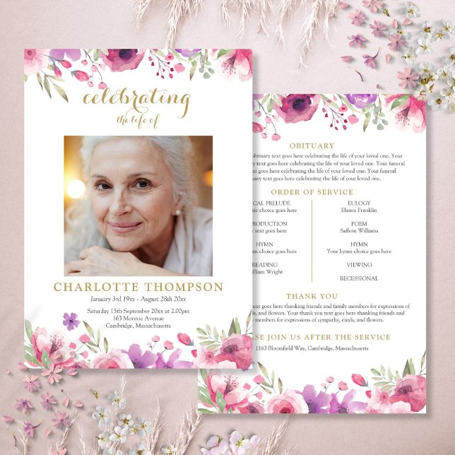 Programa de orden de servicio funerario con foto f (Floral Photo Funeral Order Of Service Program)